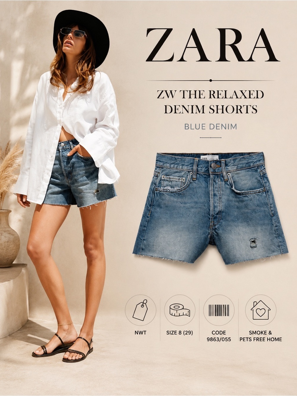 ZARA ZW The Relaxed Blue Denim Shorts NWT Size 8 / 29